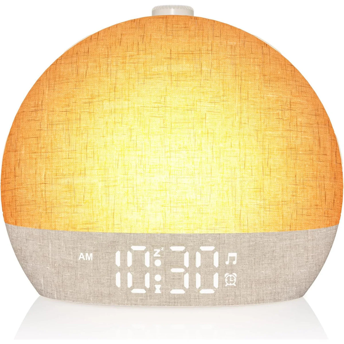 Easylight sunrise alarm clock on a nightstand, glowing warm before the alarm