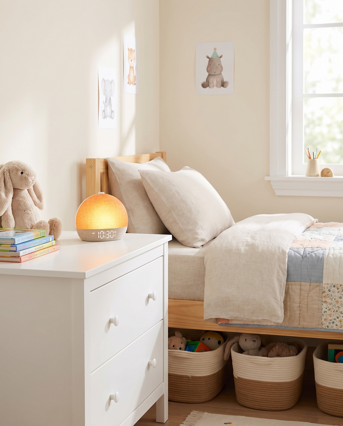 Easylight on a dresser in a bright, tidy kids' bedroom