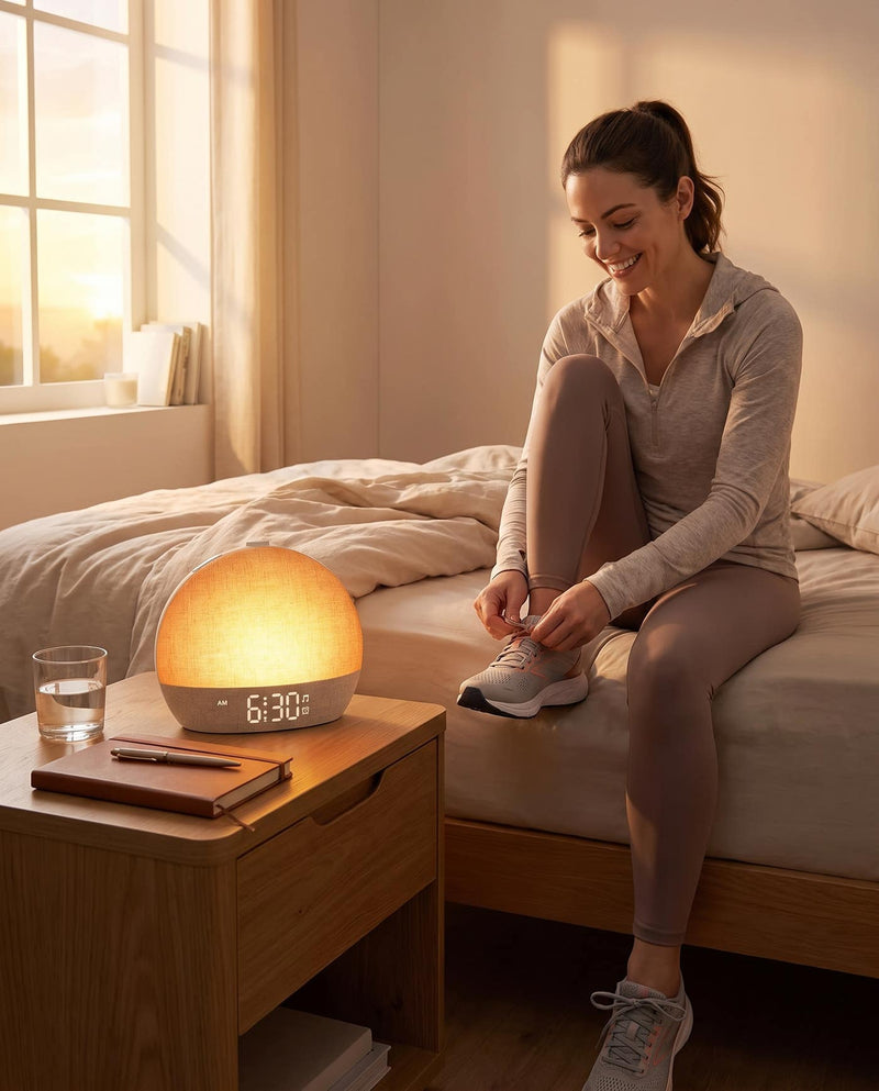 A woman lacing running shoes at dawn beside a glowing Easylight