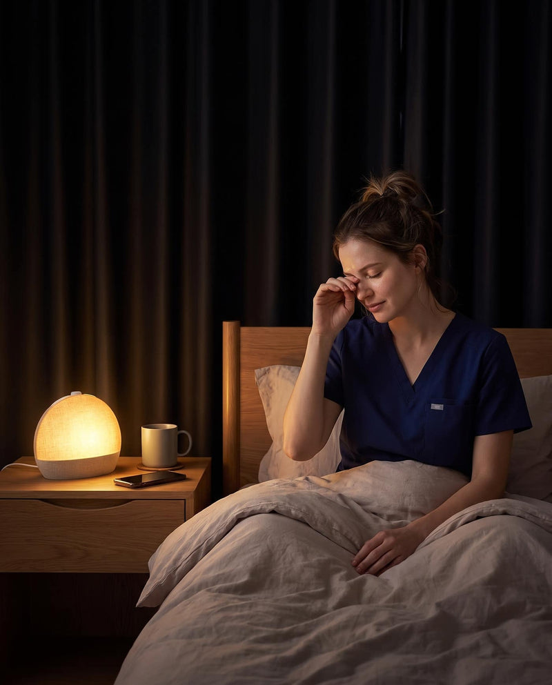 A nurse in scrubs asleep behind blackout curtains in the middle of the day