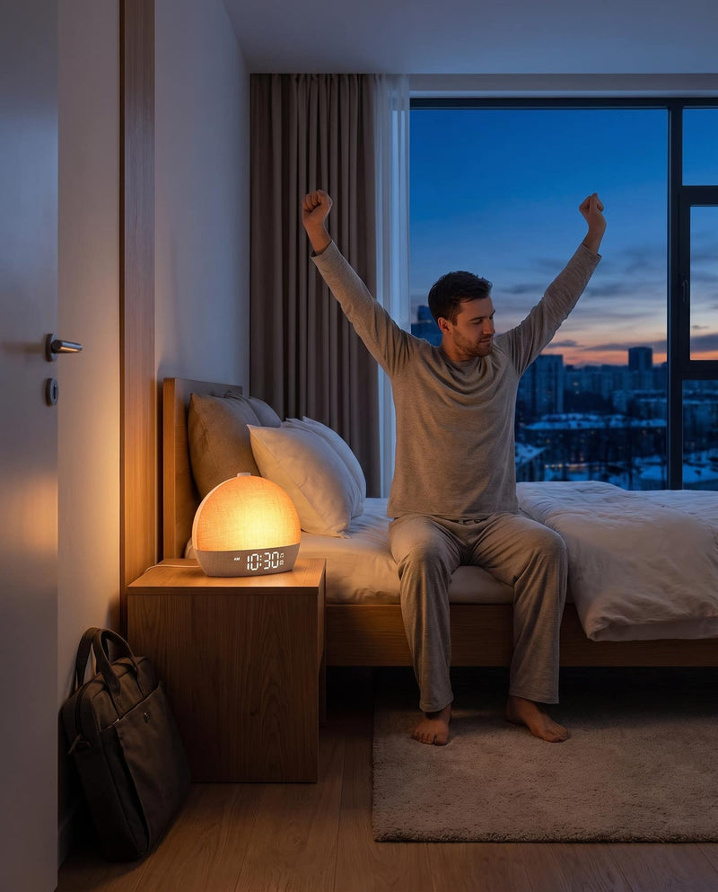 A remote worker at a desk by a window on a dark winter morning, coffee in hand