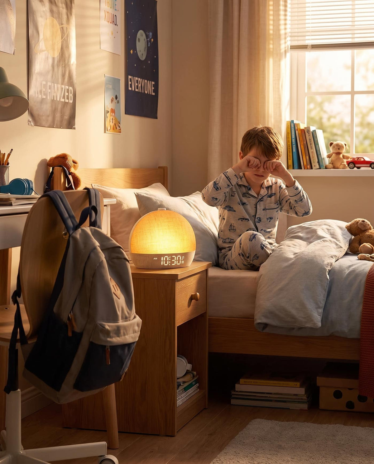 A boy sitting up in bed on a school morning as Easylight glows