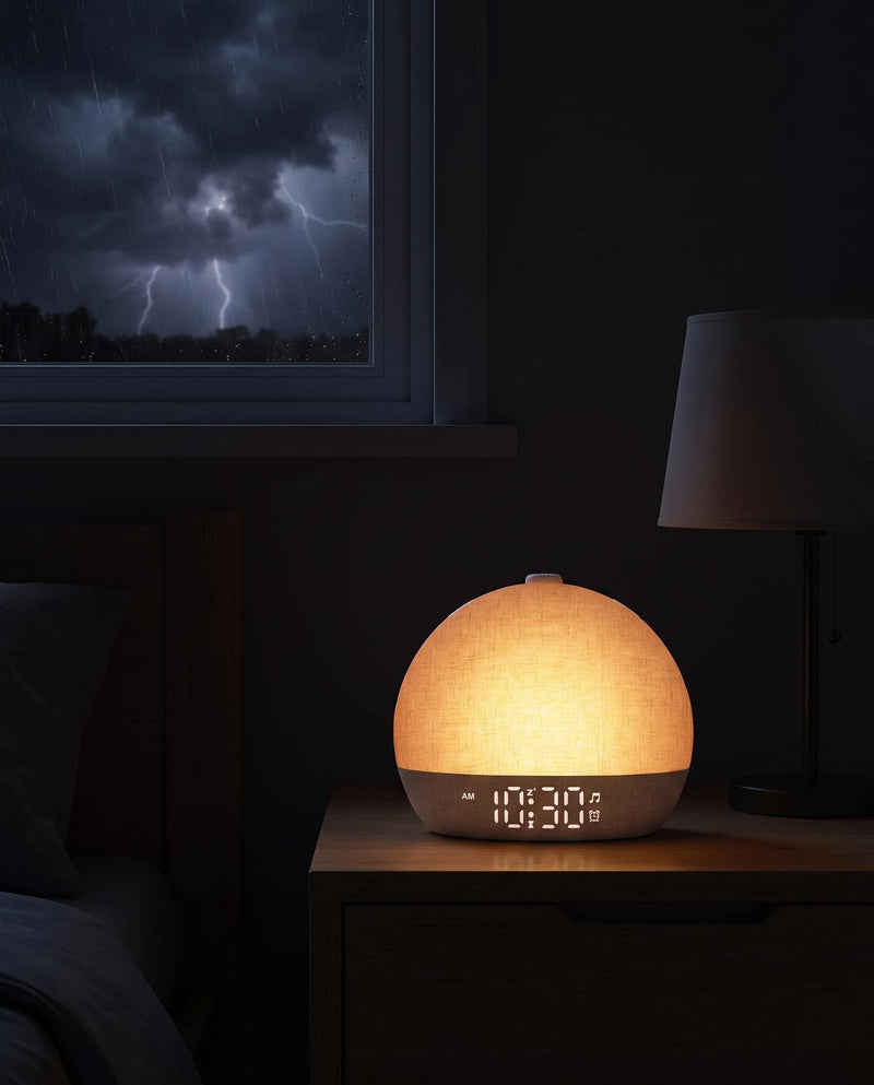 The Easylight on a nightstand during a storm, alarm settings intact