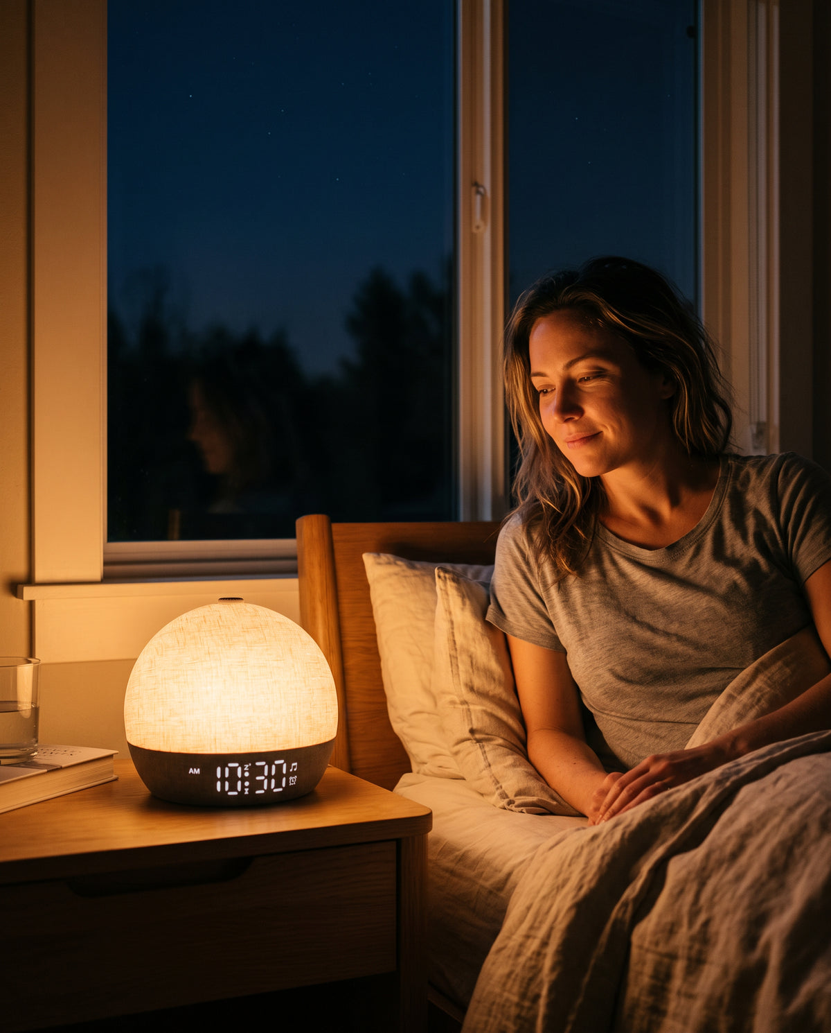 A woman sitting up in bed, eyes just open, the room lit warm by the Easylight while the window is still dark