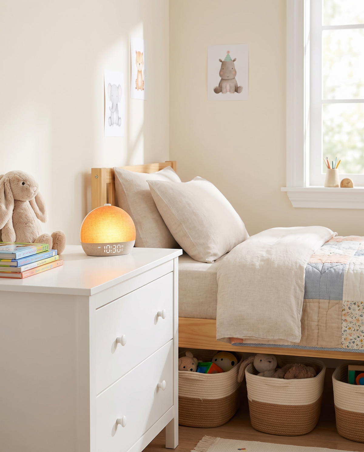 Easylight on a dresser in a bright, tidy child's bedroom
