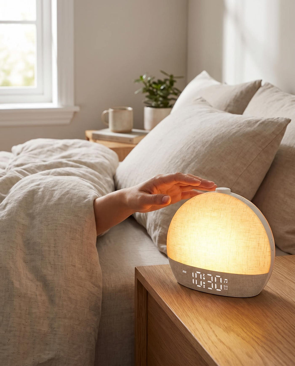 A hand reaching for the glowing clock in a bright morning bedroom