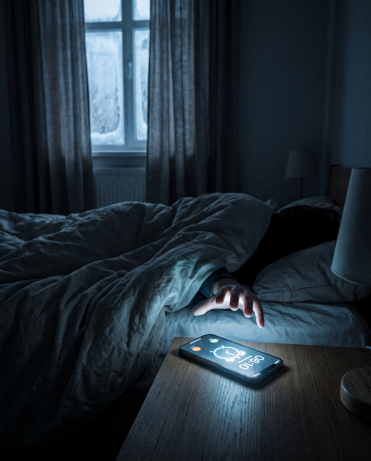 A phone screen glaring in a pitch-black bedroom at 6:10 a.m., lighting up a tired face